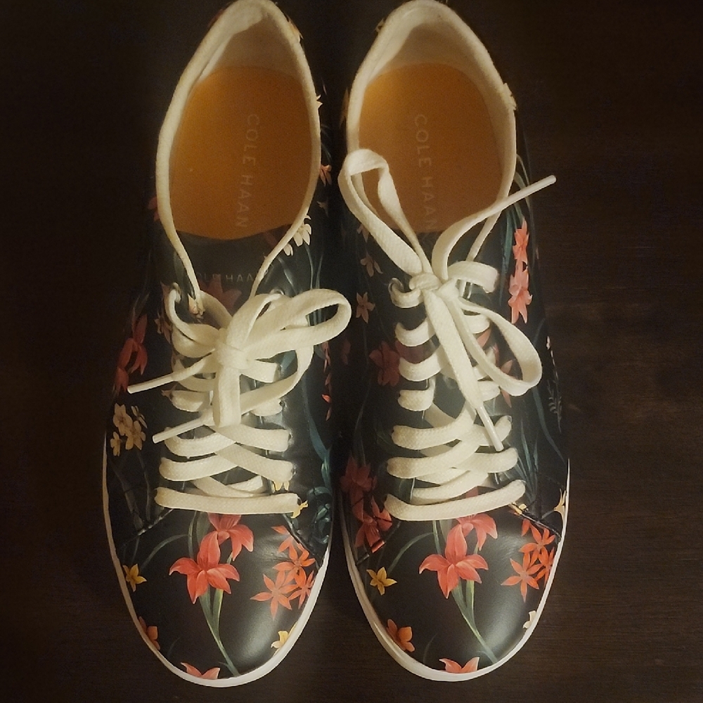 Cole Haan Black Floral Lace-Up Sneakers with Cream Laces